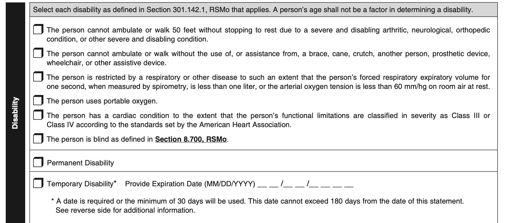 The Disability block of Missouri Form 1776: the qualifying conditions defined in section 301.142 RSMo, including the 50-foot walking limit, the spirometry and blood-gas thresholds, Class III or IV cardiac limitation, and the permanent or temporary checkboxes with the temporary expiration date.