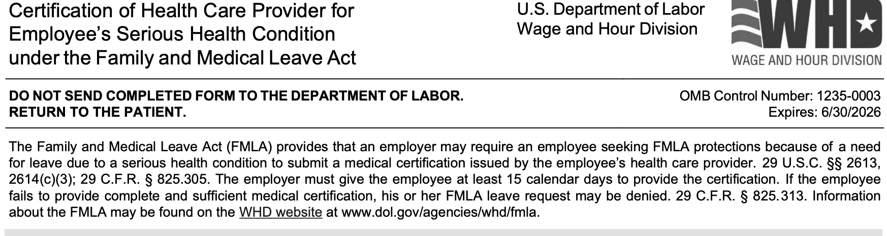 The header of Form WH-380-E: the instruction to return the completed form to the patient, and the paragraph stating the employer must give the employee at least 15 calendar days to provide the certification.