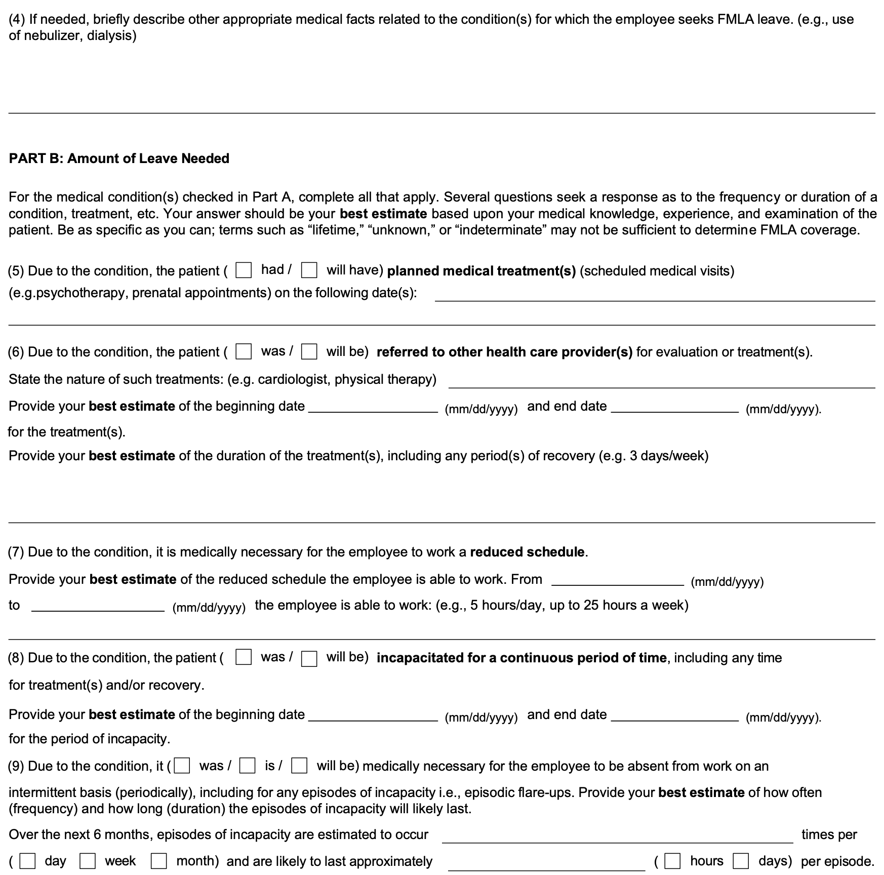 Page 3 of Form WH-380-E: item 4, other medical facts, then Part B items 5 to 9: planned treatment visits, referrals, reduced schedule, continuous incapacity, and intermittent leave with frequency and duration per episode.