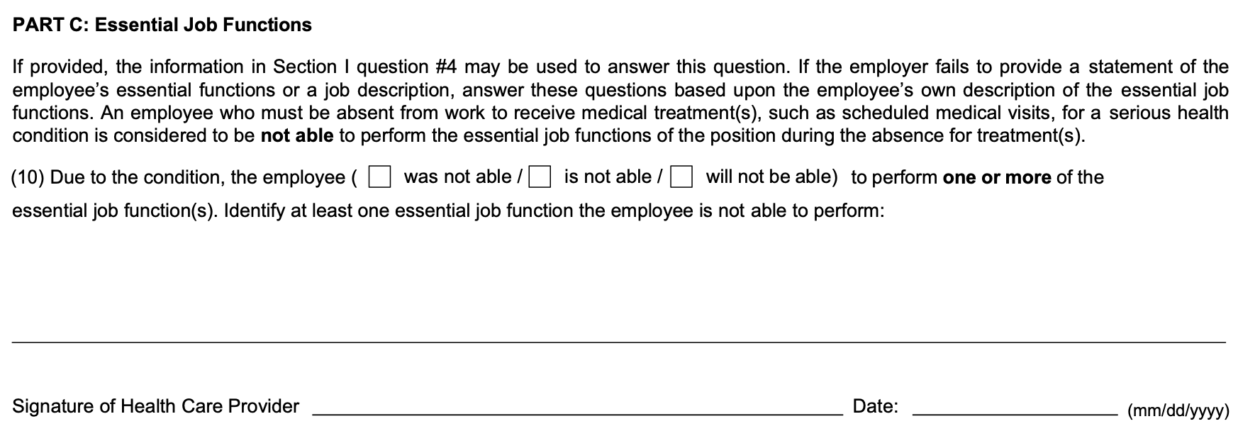Page 4 of Form WH-380-E: Part C, essential job functions, with its instructions; item 10, whether the employee was, is or will be unable to perform one or more essential job functions, with space to name at least one; and the health care provider&rsquo;s signature and date.