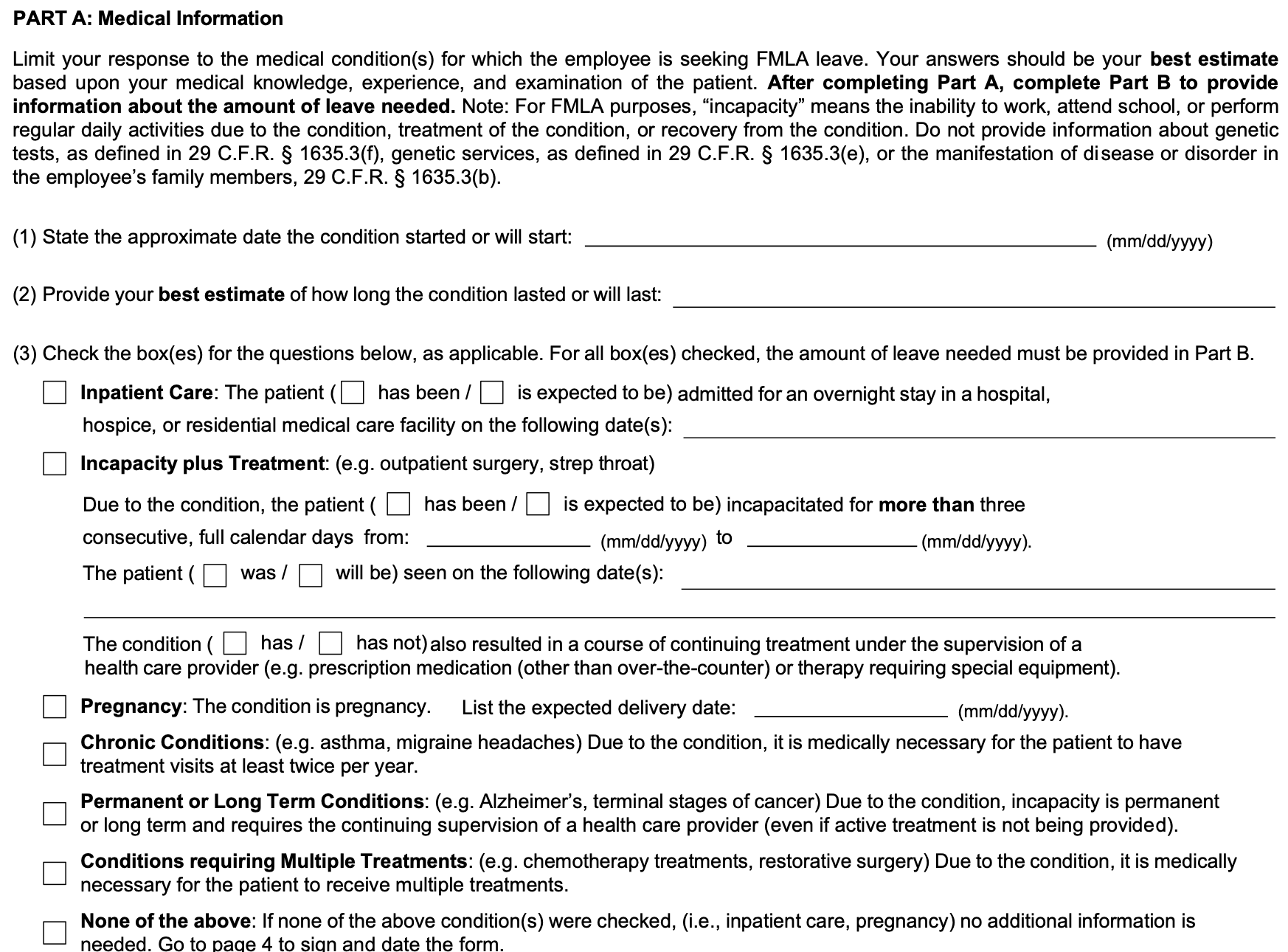 Part A of Form WH-380-E: the provider contact block, then items 1 to 3, the approximate start date, the estimated duration, and the six serious-health-condition categories.