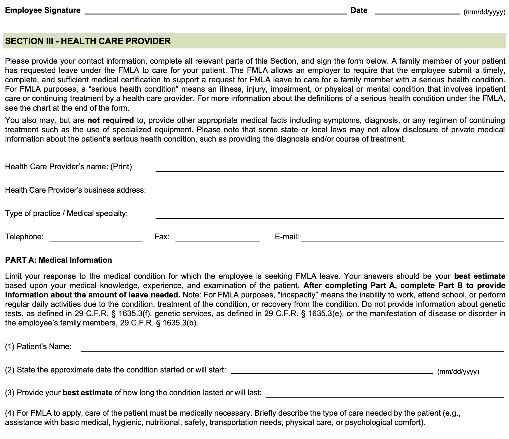 Page 2 of Form WH-380-F: the employee&rsquo;s signature line, the Section III health care provider bar, the provider contact block, and Part A items 1 to 4: the patient&rsquo;s name, when the condition started, how long it will last, and the care the patient needs.