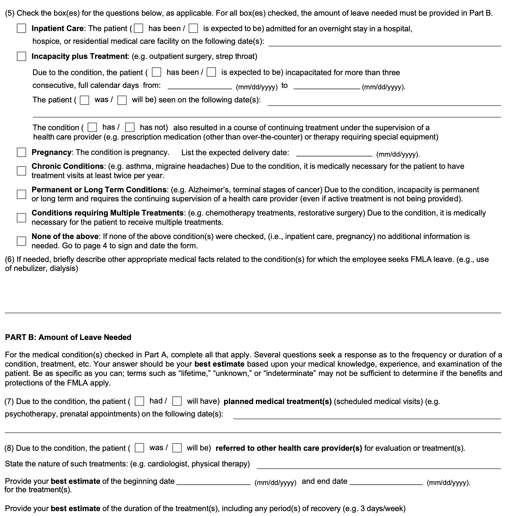 Page 3 of Form WH-380-F: item 5, the six serious-health-condition categories and the none-of-the-above box; item 6, other medical facts; then Part B items 7 and 8, planned treatment visits and referrals with start and end dates.