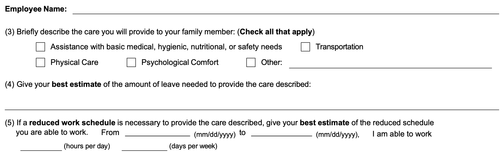 The top of page 2 of Form WH-380-F, Section II continued: item 3, boxes for the kind of care the employee will provide, item 4, the employee&rsquo;s estimate of the leave needed, and item 5, a reduced work schedule the employee is able to work.