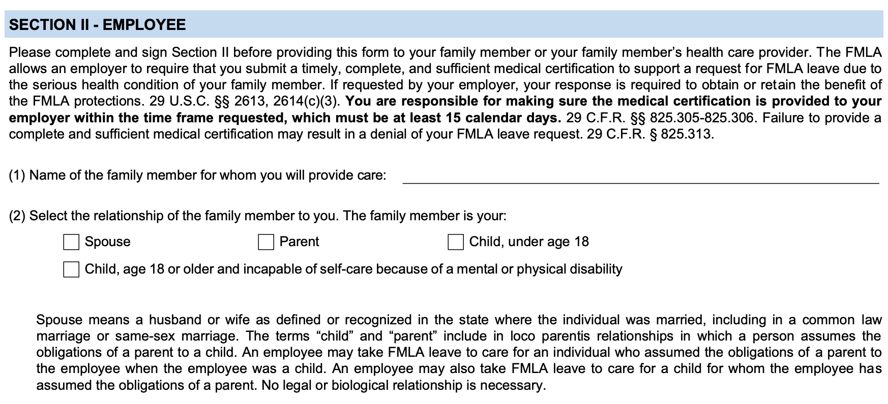 Page 1 of Form WH-380-F, Section II, the employee&rsquo;s part: the instructions, item 1, the name of the family member the employee will care for, item 2, boxes for spouse, parent, child under 18, or child 18 or older who cannot care for themselves because of a disability, and the definitions of spouse, child and parent.